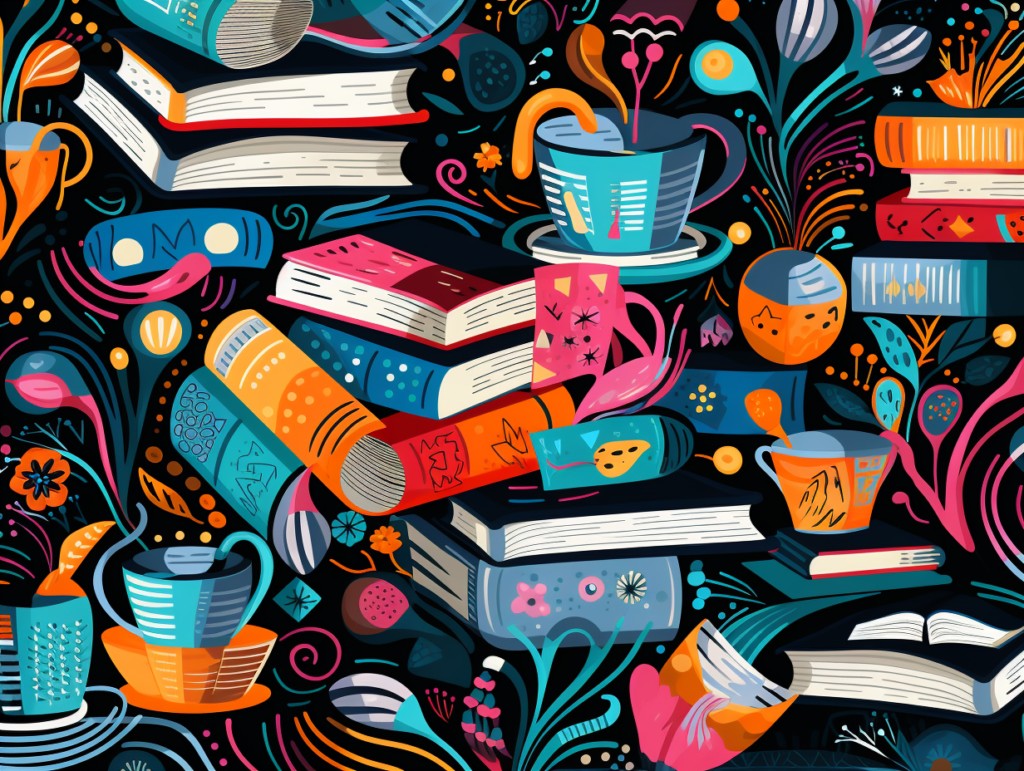 Pattern of many colorful books in playful arrangement